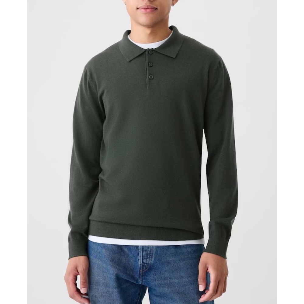 Gap Mens Large Olive Green 100% Merino Wool Long Sleeve Polo Sweater Knit Preppy